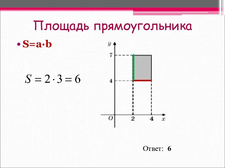 Площадь прямоугольника S=a∙b Ответ: 6