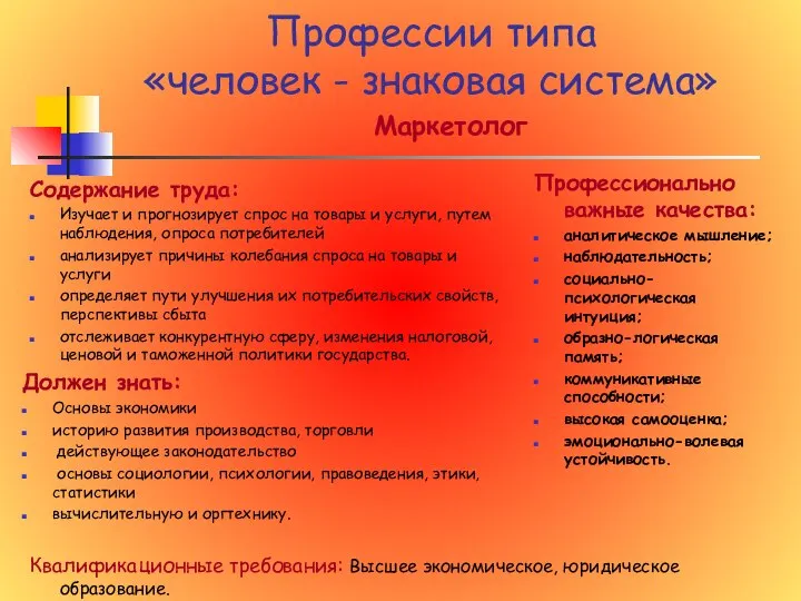 Профессии типа «человек - знаковая система» Маркетолог Содержание труда: Изучает и