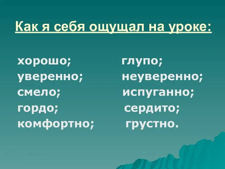 Как я себя ощущал на уроке: хорошо; глупо; уверенно; неуверенно; смело; испуганно; гордо; сердито; комфортно; грустно.