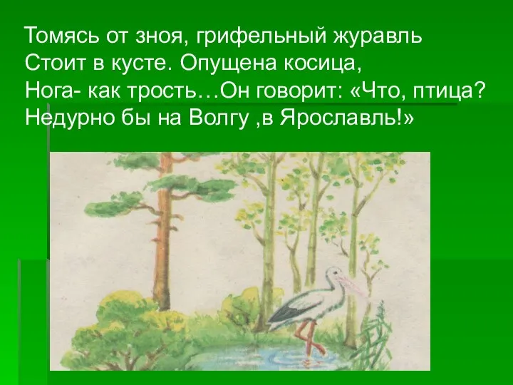 Томясь от зноя, грифельный журавль Стоит в кусте. Опущена косица, Нога-