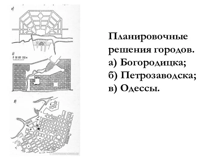 Планировочные решения городов. а) Богородицка; б) Петрозаводска; в) Одессы.