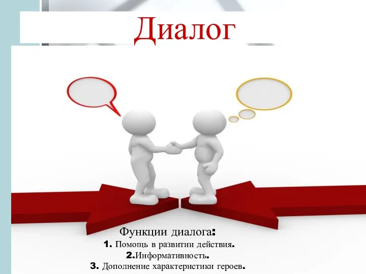 Диалог Функции диалога: 1. Помощь в развитии действия. 2.Информативность. 3. Дополнение характеристики героев.