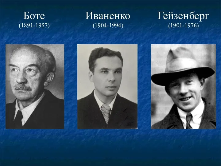 Боте (1891-1957) Иваненко (1904-1994) Гейзенберг (1901-1976)