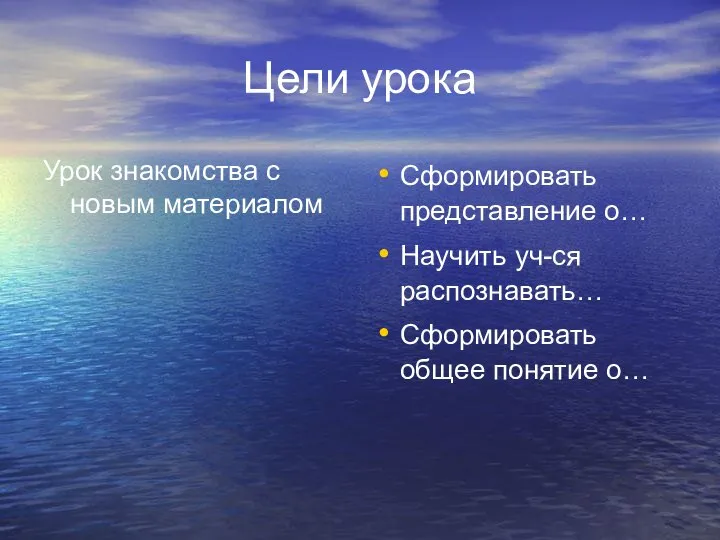 Цели урока Урок знакомства с новым материалом Сформировать представление о… Научить