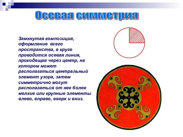 Замкнутая композиция, оформление всего пространства, в круге проводится осевая линия, проходящая