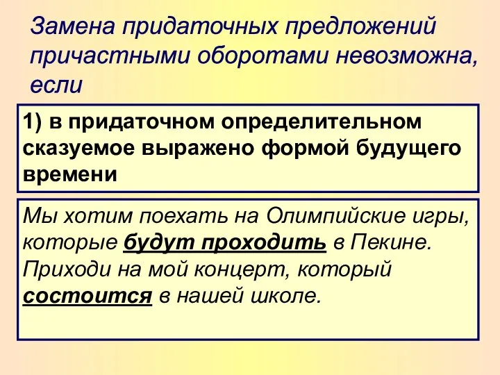 Замена придаточных предложений причастными оборотами невозможна, если 1) в придаточном определительном