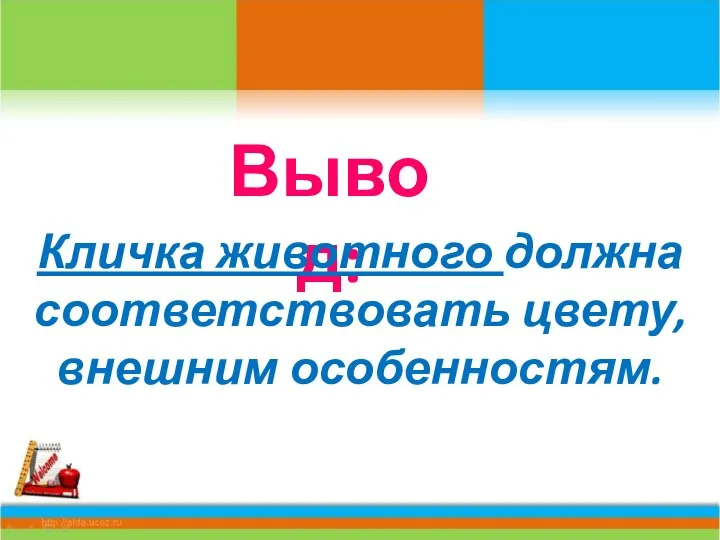 Вывод: Кличка животного должна соответствовать цвету, внешним особенностям.