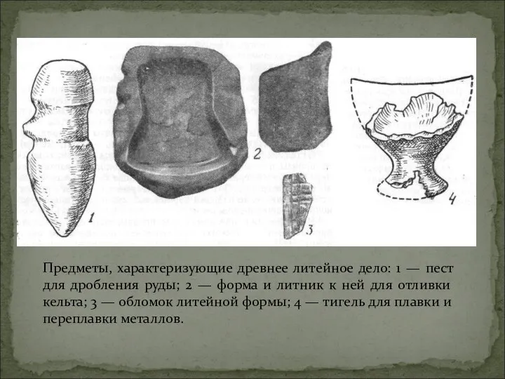 Предметы, характеризующие древнее литейное дело: 1 — пест для дробления руды;