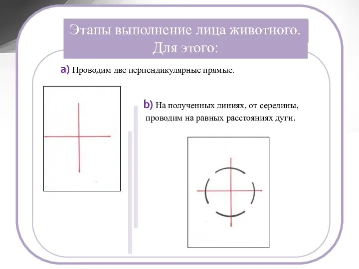 Этапы построения животного a) Проводим две перпендикулярные прямые. Этапы выполнение лица