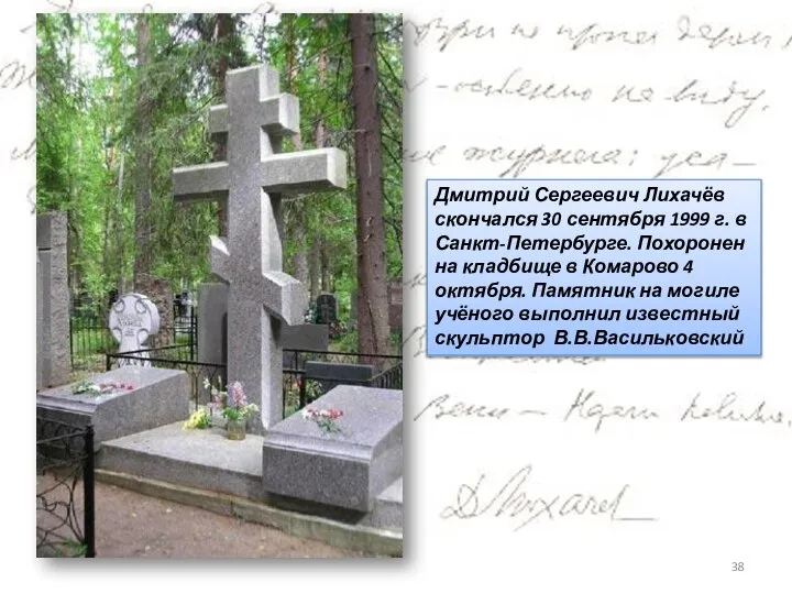 Дмитрий Сергеевич Лихачёв скончался 30 сентября 1999 г. в Санкт-Петербурге. Похоронен