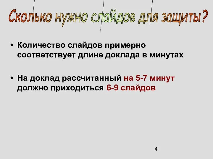 Количество слайдов примерно соответствует длине доклада в минутах На доклад рассчитанный