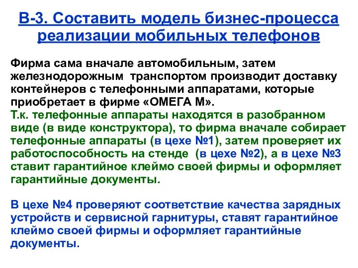 В-3. Составить модель бизнес-процесса реализации мобильных телефонов Фирма сама вначале автомобильным,