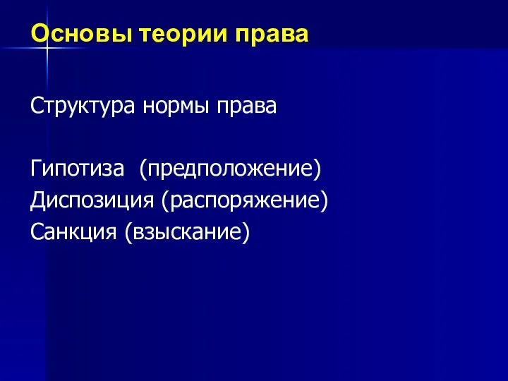 Основы теории права Структура нормы права Гипотиза (предположение) Диспозиция (распоряжение) Санкция (взыскание)