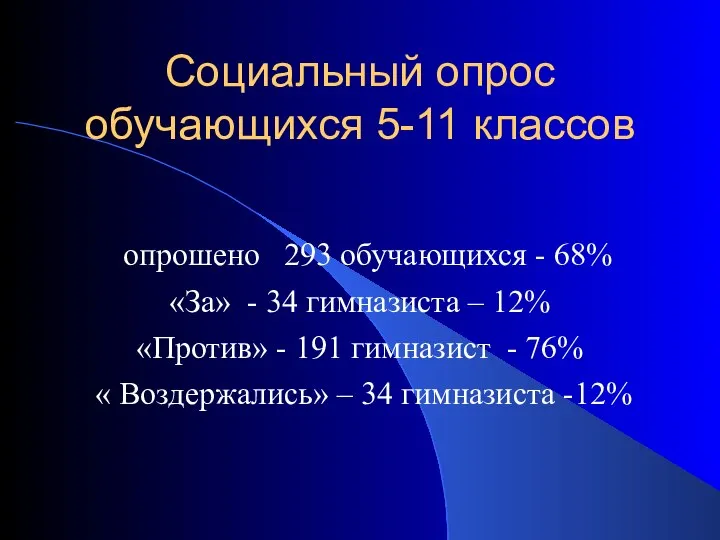 Социальный опрос обучающихся 5-11 классов опрошено 293 обучающихся - 68% «За»