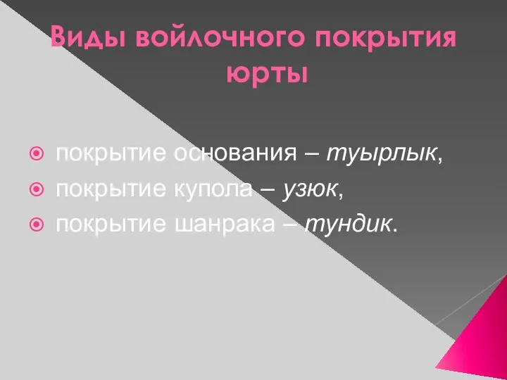 Виды войлочного покрытия юрты покрытие основания – туырлык, покрытие купола – узюк, покрытие шанрака – тундик.