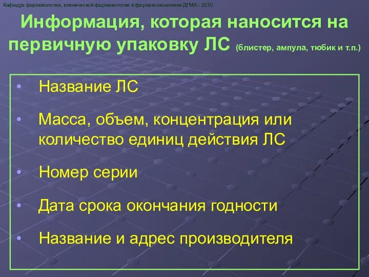 Информация, которая наносится на первичную упаковку ЛС (блистер, ампула, тюбик и