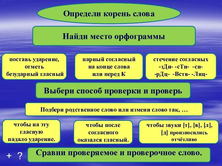 Определи корень слова Найди место орфограммы Выбери способ проверки и проверь