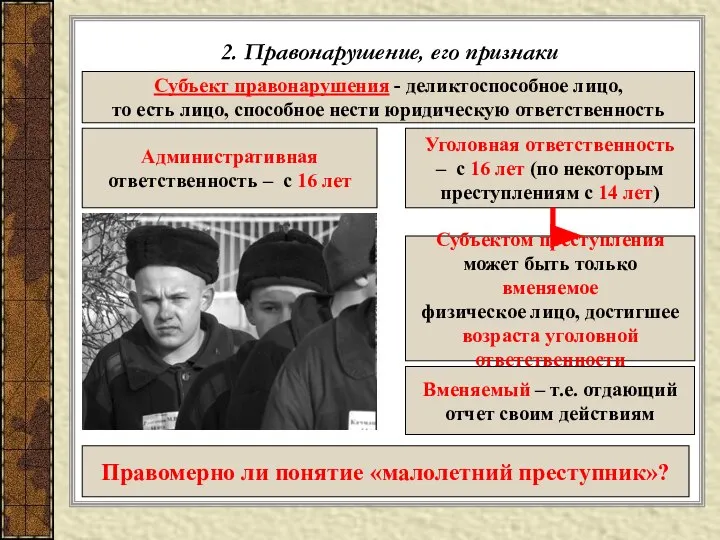 2. Правонарушение, его признаки Субъект правонарушения - деликтоспособное лицо, то есть