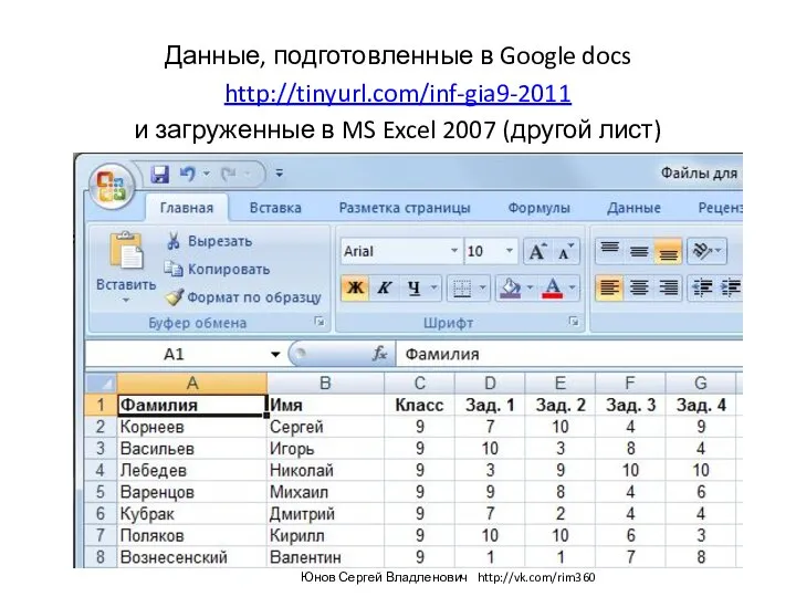 Данные, подготовленные в Google docs http://tinyurl.com/inf-gia9-2011 и загруженные в MS Excel