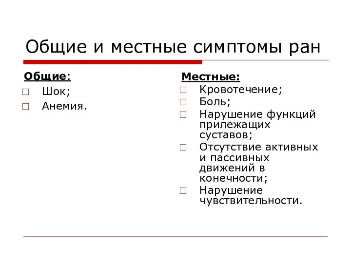 Общие и местные симптомы ран Общие: Шок; Анемия. Местные: Кровотечение; Боль;