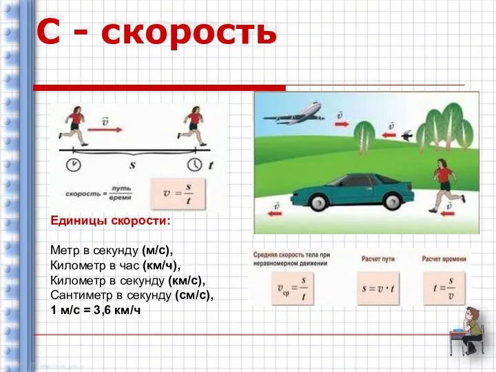 С - скорость Единицы скорости: Метр в секунду (м/с), Километр в