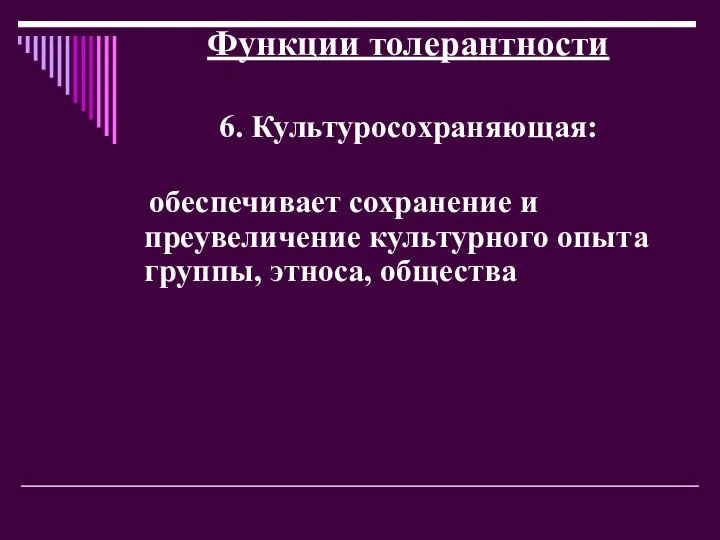 Функции толерантности 6. Культуросохраняющая: обеспечивает сохранение и преувеличение культурного опыта группы, этноса, общества