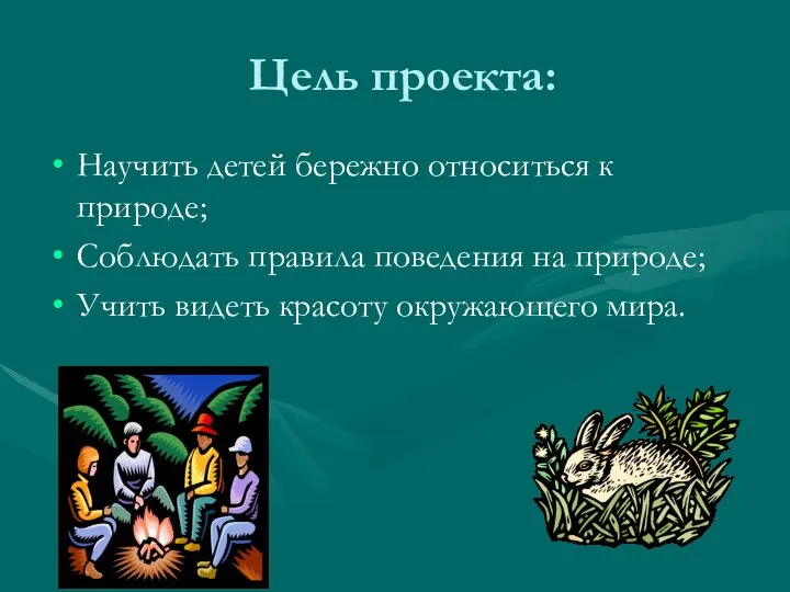 Цель проекта: Научить детей бережно относиться к природе; Соблюдать правила поведения