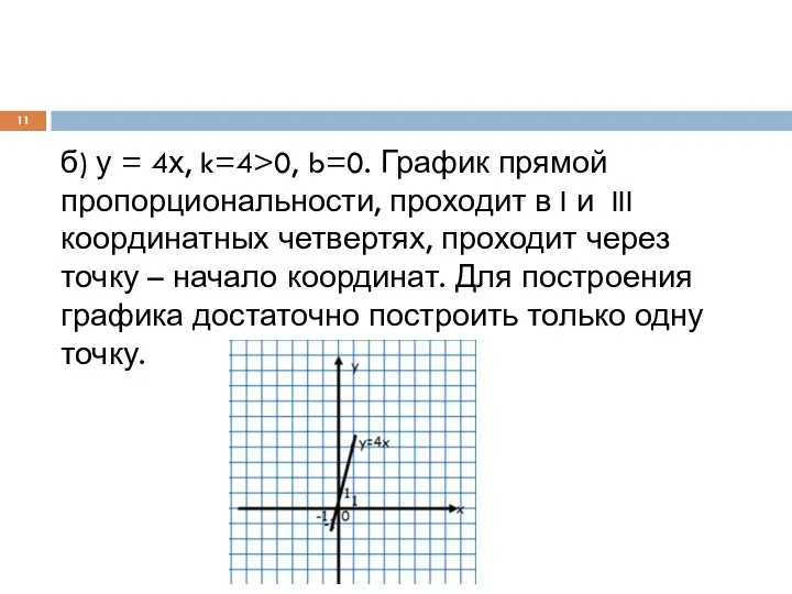 б) у = 4х, k=4>0, b=0. График прямой пропорциональности, проходит в