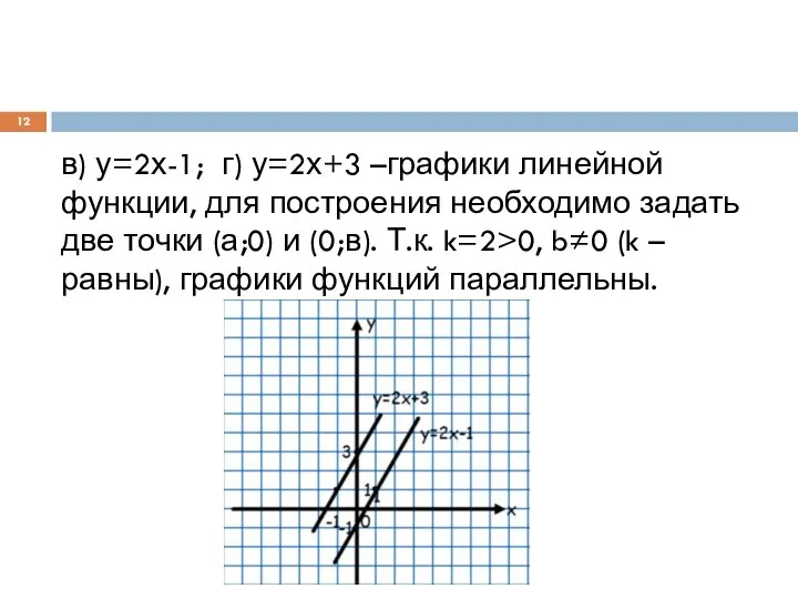 в) у=2х-1; г) у=2х+3 –графики линейной функции, для построения необходимо задать