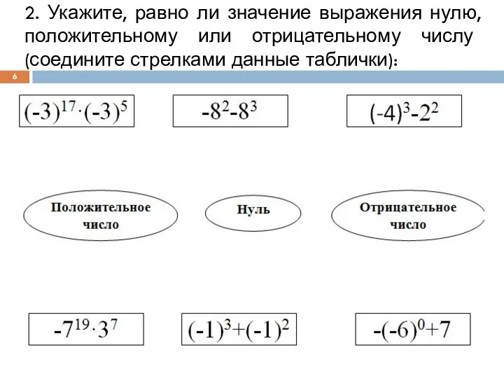 2. Укажите, равно ли значение выражения нулю, положительному или отрицательному числу (соедините стрелками данные таблички):