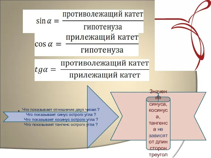 Значения синуса, косинуса, тангенса не зависят от длин сторон треугольника. Что