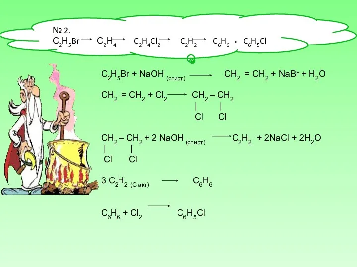 № 2. С2Н5Br С2Н4 C2H4Cl2 C2H2 C6H6 C6H5Cl C2H5Br + NaOH