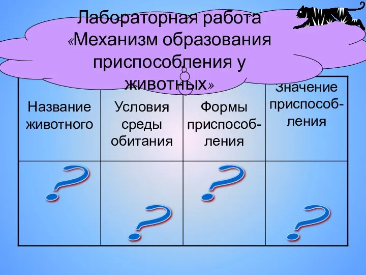 Значение приспособ-ления ? ? ? ? Лабораторная работа «Механизм образования приспособления у животных»