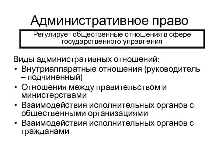 Административное право Виды административных отношений: Внутриаппаратные отношения (руководитель – подчиненный) Отношения