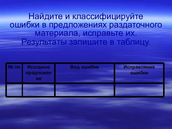 Найдите и классифицируйте ошибки в предложениях раздаточного материала, исправьте их. Результаты запишите в таблицу.