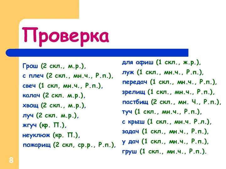 Проверка Грош (2 скл., м.р.), с плеч (2 скл., мн.ч., Р.п.),