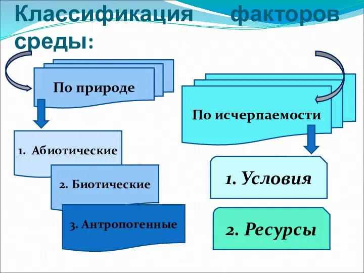 Классификация факторов среды: По природе По исчерпаемости 1. Абиотические 2. Биотические