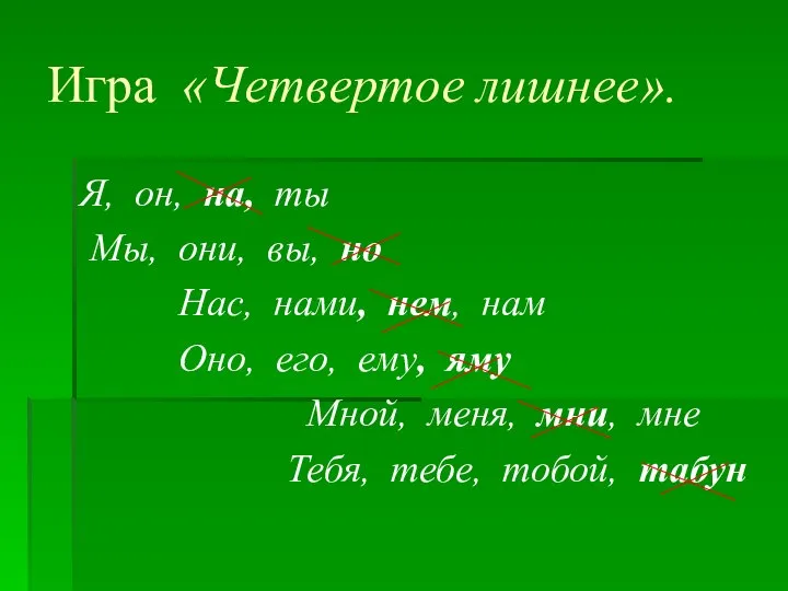 Игра «Четвертое лишнее». Я, он, на, ты Мы, они, вы, но