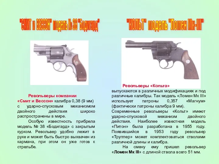 "СМИТ и ВЕССОН" модель № 38 "Бодигард" "КОЛЬТ" модель "Ломен Мк-III"