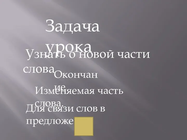 Задача урока Узнать о новой части слова Окончание Изменяемая часть слова. Для связи слов в предложении