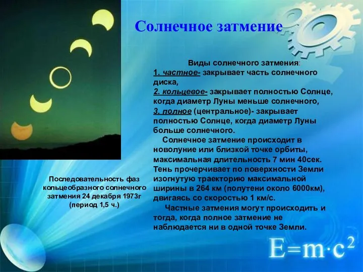 Солнечное затмение Виды солнечного затмения: 1. частное- закрывает часть солнечного диска,