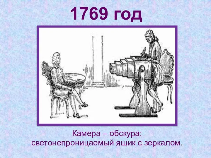 1769 год Камера – обскура: светонепроницаемый ящик с зеркалом.