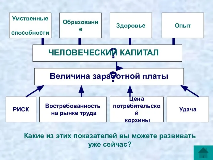 Умственные способности Образование Здоровье Опыт ? ЧЕЛОВЕЧЕСКИЙ КАПИТАЛ ? Величина заработной