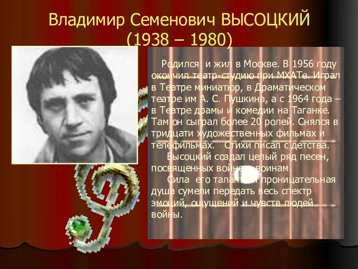 Владимир Семенович ВЫСОЦКИЙ (1938 – 1980) Родился и жил в Москве.