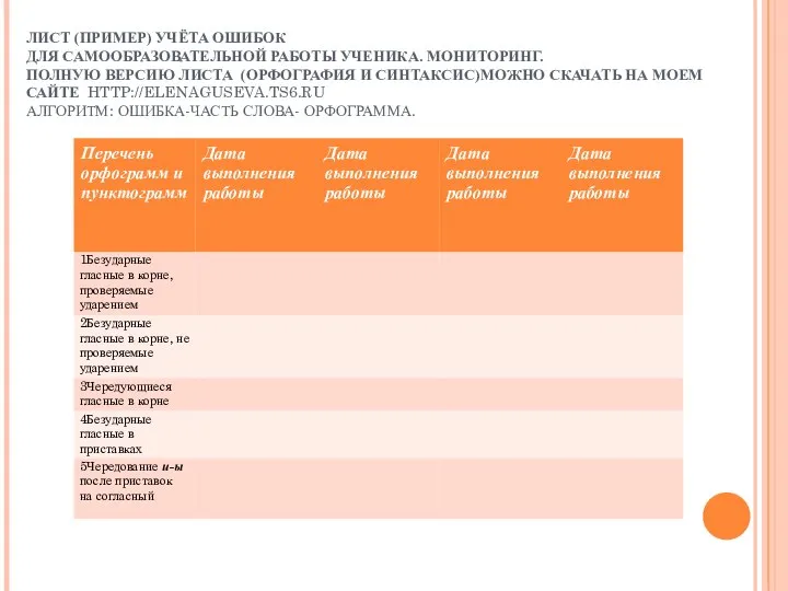 ЛИСТ (ПРИМЕР) УЧЁТА ОШИБОК ДЛЯ САМООБРАЗОВАТЕЛЬНОЙ РАБОТЫ УЧЕНИКА. МОНИТОРИНГ. ПОЛНУЮ ВЕРСИЮ