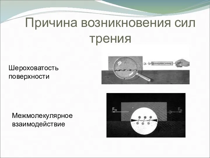 Причина возникновения сил трения Шероховатость поверхности Межмолекулярное взаимодействие