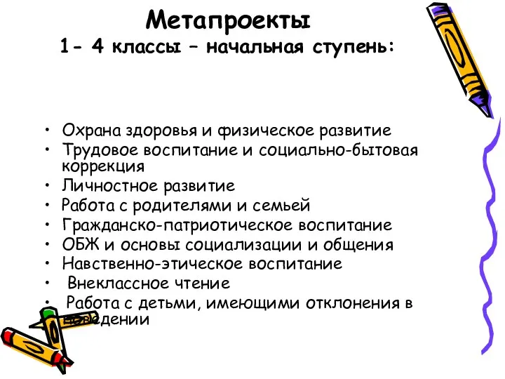 Метапроекты 1- 4 классы – начальная ступень: Охрана здоровья и физическое