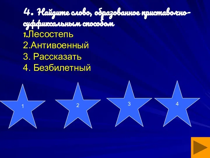 4. Найдите слово, образованное приставочно-суффиксальным способом 1.Лесостепь 2.Антивоенный 3. Рассказать 4. Безбилетный 1 2 3 4