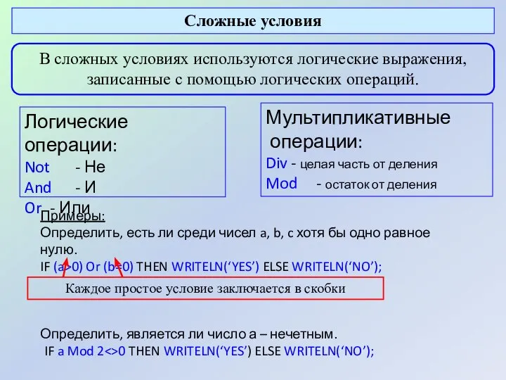 Сложные условия В сложных условиях используются логические выражения, записанные с помощью