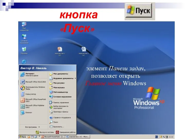 кнопка «Пуск» элемент Панели задач, позволяет открыть Главное меню Windows